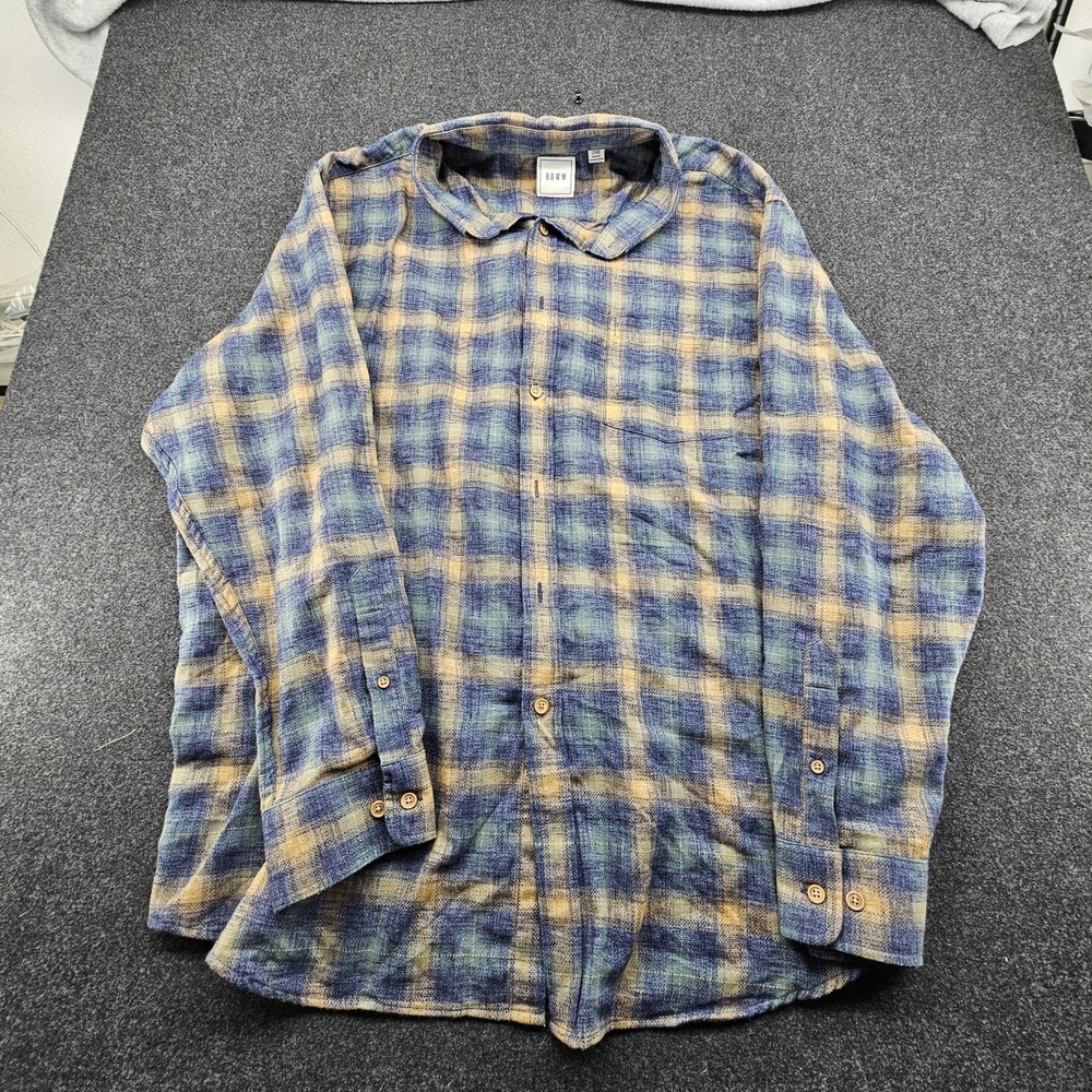 ROWM Shirt Mens XXLb Blue Plaid Textured Long Sleeve Button Up Preppy